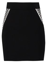 Gonna nera con un design aderente e motivi a zigzag bianchi a contrasto sui lati. Realizzata in un tessuto elastico, con una superficie liscia.