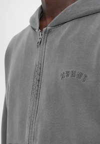 Felpa grigia con zip realizzata in un tessuto morbido, dotata di cappuccio e logo ricamato sul petto. Texture liscia con un design casual.