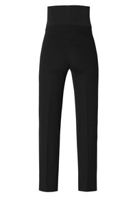 Zwarte high-waisted broek gemaakt van zachte, rekbare stof. Getailleerde pasvorm met een soepele textuur en strakke lijnen. Geen zichtbare hardware of accenten.