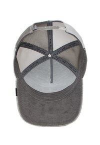 Cappellino da baseball grigio con una texture morbida, lati in rete e visiera curva. All'interno presenta fasce stampate e una regolazione snapback.