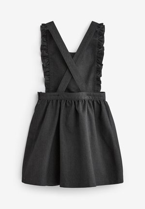 Abito in denim grigio con spalline arricciate e gonna arricchita. Caratteristiche includono un design incrociato sul retro e una vita aderente.