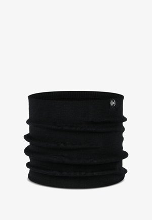 Black neck gaiter made from stretchy fabric, featuring a ribbed texture and gathered design. Includes a small logo tag on the side.