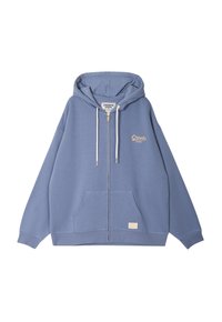 Felpa blu con zip in tessuto morbido, dotata di tasca a marsupio, cordini bianchi e logo ricamato in modo discreto sul petto.