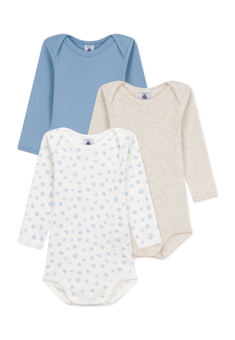 Tre body a maniche lunghe: uno azzurro chiaro, uno beige e uno bianco con motivi a cuoricini azzurri, realizzati in tessuto morbido e traspirante.