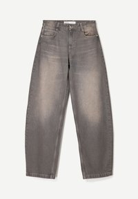 Grå høj taljers lige ben jeans med for- og baglommer og falmede områder på lårene, vist fladt på en lys baggrund.