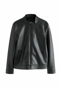 Veste en simili cuir noir avec un col montant, fermeture éclair à l'avant et deux poches latérales zippées. Texture lisse et coupe ajustée.
