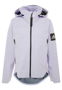 Jacket impermeable Adidas de color púrpura claro con capucha, cremallera frontal negra y parche con logo en la manga izquierda.