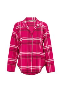 Camicia button-up a quadri rosa con colletto, maniche lunghe e orlo arrotondato. Presenta linee bianche e verde scuro a contrasto.