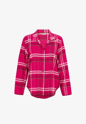 Camicia button-up a quadri rosa con colletto, maniche lunghe e orlo arrotondato. Presenta linee bianche e verde scuro a contrasto.