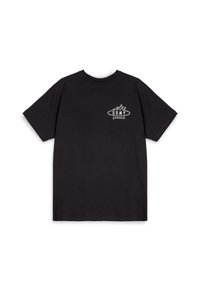 Czarny bawełniany t-shirt z krótkimi rękawami, okrągłym dekoltem i białym graficznym nadrukiem z napisem "GRMY" oraz płomieniami na lewym piersi.