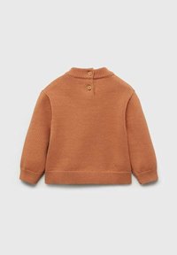 Rust orange knitted sweater with a high collar, three wooden buttons at the back, and ribbed cuffs and hem. Soft texture and casual design.