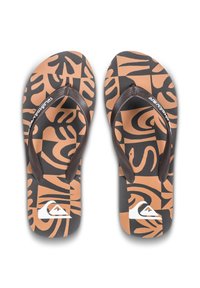 Pair of black and orange patterned flip-flops with dark brown straps and white Quiksilver logo on each sole.