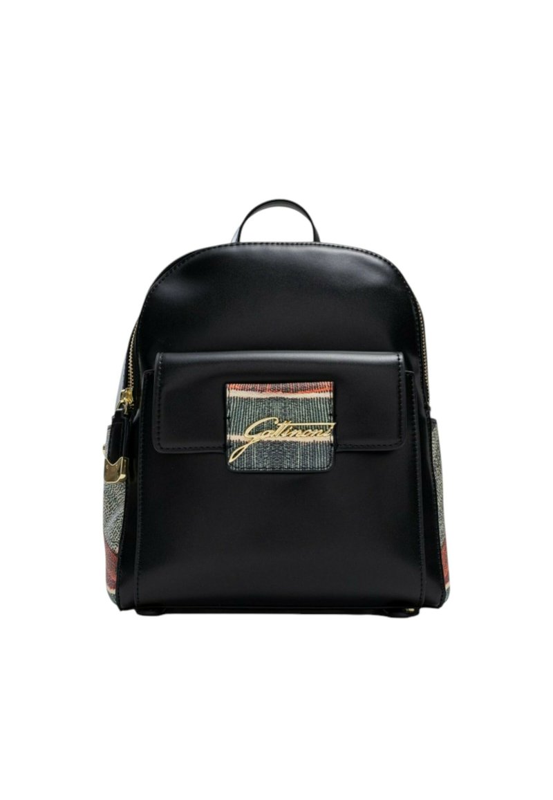 Zaino in pelle nera con una tasca frontale che presenta un pannello di tessuto multicolore. Dettagli in metallo dorato e una maniglia superiore.