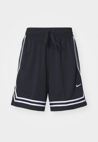 Black athletic shorts with a textured fabric, featuring white side stripes and a drawstring waist. Nike logo displayed on the front.