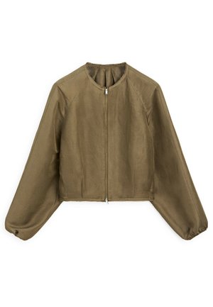 Cropped jacket in olive green fabric with long, puffed sleeves. Features a rounded neckline and a front zipper for closure.