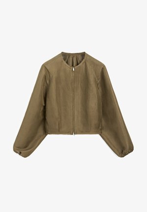 Cropped jacket in olive green fabric with long, puffed sleeves. Features a rounded neckline and a front zipper for closure.