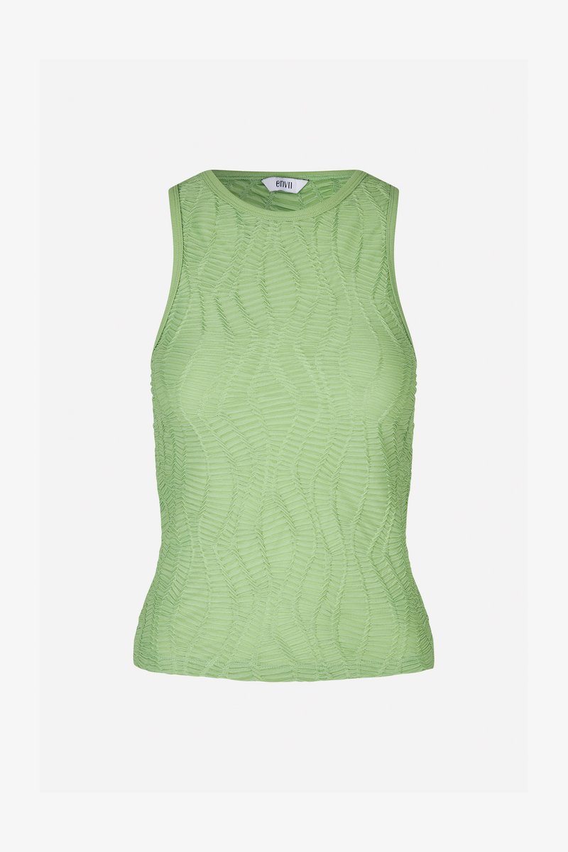Groene mouwloze top van textuurstof met een golfpatroon. Ronde halslijn en een getailleerde pasvorm, ideaal voor het combineren met andere kleding.