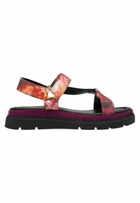 Bunte Sandale mit floral bedruckten Riemen, verstellbarem Knöchelstütze, schwarzer Gummisohle und einer gepolsterten lila Basis für Komfort.