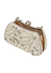 Geantă de seară cu mărgele, din material ivoar, ornamente complexe din argint și perle, închizătoare metalică cu un accent de perlă și interior din satin.