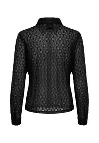 Maglietta nera in pizzo con maniche lunghe, caratterizzata da un motivo a diamante, colletto classico e una texture trasparente. La vista posteriore mostra maniche a lunghezza completa.