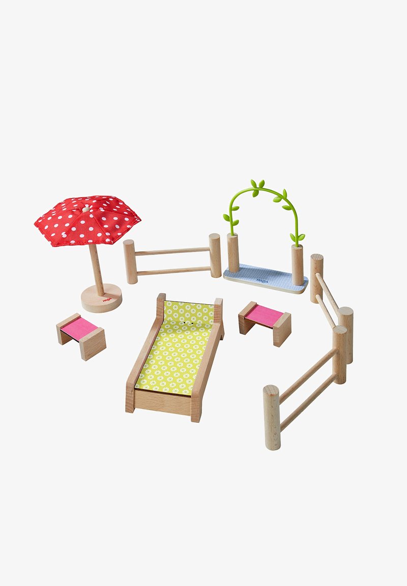 Wooden toy set with a red polka dot umbrella, yellow-patterned sunbed, green arch, and pink-accented tables, featuring natural wood finish.