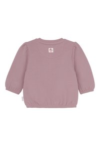 Langärmliges, staubrosa Babyshirt mit elastischen Bündchen und Saum, kleines Etikett am Halsauschnitt und an der Seitennaht.