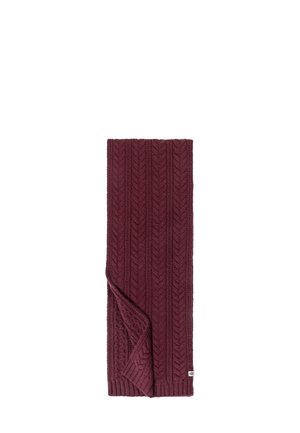 Burgundy knit scarf featuring a textured chevron pattern with a folded edge and a small white brand label sewn into the corner.