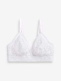 Witte bralette met kantoverlay en bloemenborduursel, driehoekige cups, verstelbare banden en een stevige elastische band aan de onderkant.
