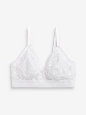 Witte bralette met kantoverlay en bloemenborduursel, driehoekige cups, verstelbare banden en een stevige elastische band aan de onderkant.