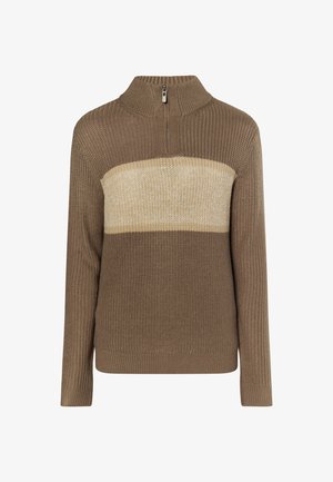Hnedý sveter s vysokým golierom a štvrť zipsom. Obsahuje béžový horizontálny pruh cez hrudník. Vyrobený z textúrovaného pleteného materiálu.
