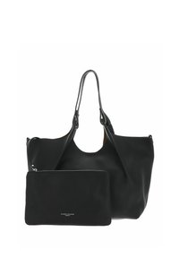 Zwarte leren tote bag met een gestructureerde afwerking, met dubbele handvatten en een afneembare ritszak aan de voorkant. Schoon, minimalistisch ontwerp.