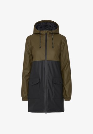 Vedenkestävä takki, jossa on väri-blokki muotoilu oliivinvihreänä ja mustana, vetoketjullinen etuosa, huppu ja kaksi etutaskua.