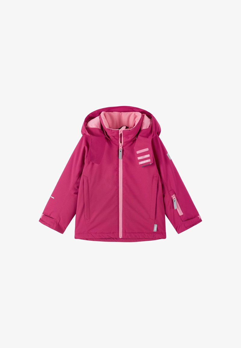 Różowa kurtka ocieplana z kapturem, z przednim zamkiem błyskawicznym i kieszeniami bocznymi. Posiada szare paski oraz różowe detale na wnętrzu.