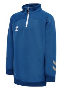 Blå atletisk halvzip-pullover gjord av texturerad tyg. Har en vit dragkedja, mesh-detaljer på axlarna och grå logotypaccenter.