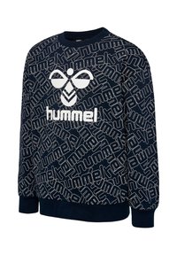 Marineblå langærmet sweatshirt med gentaget "hummel" tekstmønster og stort hvidt hummel-logo centreret foran.