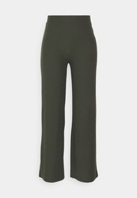 Ribbade, gröna vida byxor med hög midja. Tyget har en mjuk textur och har vertikala ränder längs längden.