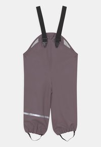 Waterproof overalls in muted purple, made of smooth material, featuring adjustable black straps, elasticized cuffs, and reflective accents.