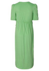 Grünes mittellanges Kleid aus weichem Stoff, mit kurzen Puffärmeln, Rundhalsausschnitt und elastischem Bund für einen lässigen Sitz.