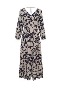 Maxi šaty s výstřihem do V, dlouhými rukávy a stahovaným páskem. Vyrobené z lehké tkaniny s krémovým základem a námořnickým abstraktním vzorem.