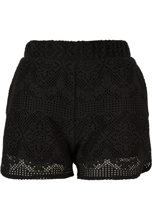 Shorts negri dintr-un material texturat, având un model asemănător dantelei și un tiv rulat. Talie elastică pentru un ajustaj confortabil.