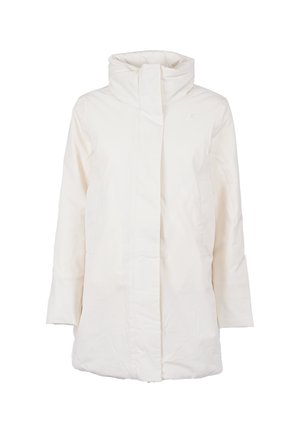 Parka bianca a maniche lunghe realizzata in tessuto liscio e strutturato. Caratterizzata da un colletto alto, chiusura frontale e tasche laterali. Design minimalista.