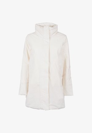 Parka bianca a maniche lunghe realizzata in tessuto liscio e strutturato. Caratterizzata da un colletto alto, chiusura frontale e tasche laterali. Design minimalista.