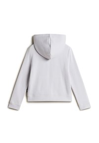 Light gray hooded sweatshirt with a cropped design. Made of soft fabric, features long sleeves and a stitched hem.