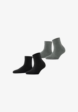 Drei Paar Socken: zwei schwarze Knöchelsocken und zwei graue Knöchelsocken, gerippter Bund, weicher Stoff und klassisches Design.