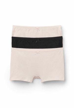 Tre paia di boyshorts in cotone color beige chiaro e nero, caratterizzati da tessuti morbidi, bande elastiche in vita e piccoli fiocchetti decorativi sul davanti.
