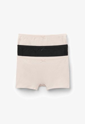 Drie paren katoenen boyshorts in lichtbeige en zwart, met zachte stoffen, elastische taillebanden en kleine decoratieve strikjes aan de voorkant.