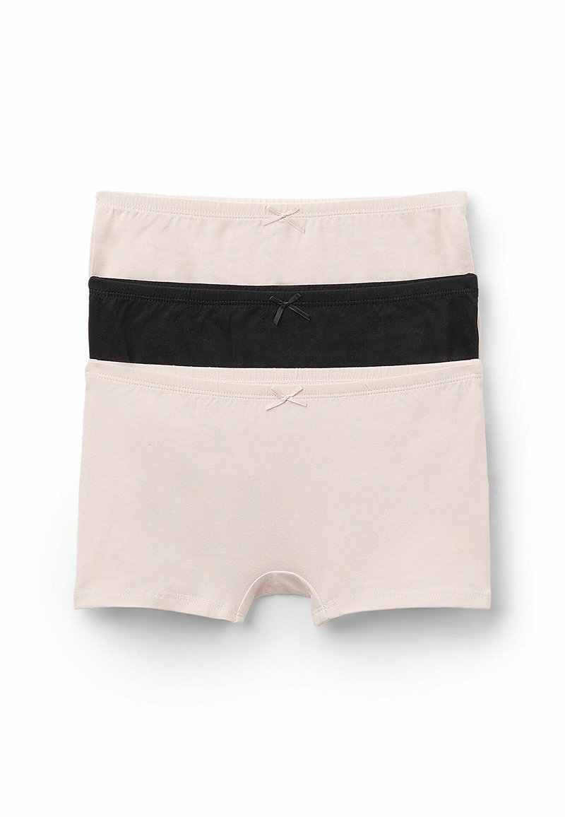 Trois paires de culottes en coton, en beige clair et noir, dotées de tissus doux, de ceintures élastiques et de petits nœuds décoratifs à l'avant.