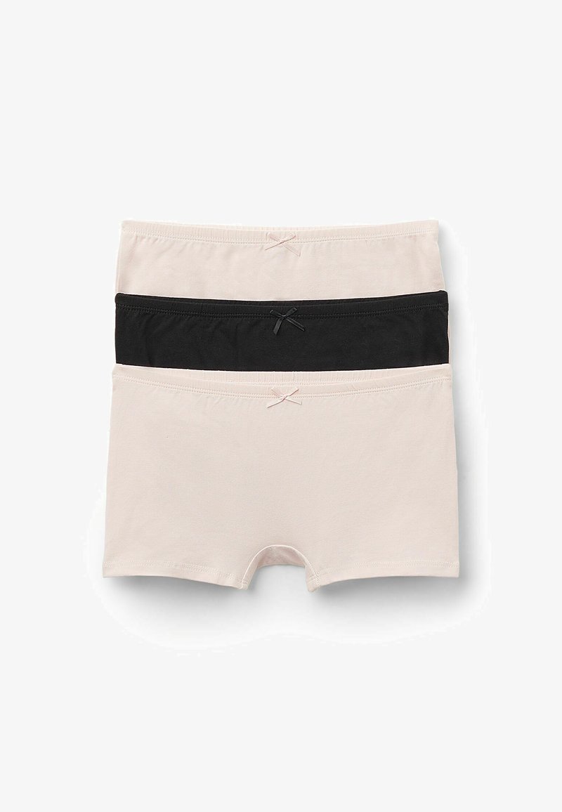 Trois paires de culottes en coton, en beige clair et noir, dotées de tissus doux, de ceintures élastiques et de petits nœuds décoratifs à l'avant.