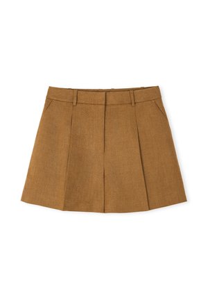 Brauner Faltenrock aus strukturiertem Stoff; mit einem taillierten Bund, zwei Seitentaschen und einer kurzen Länge.