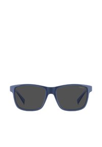 Occhiali da sole in plastica blu marino con lenti scure, forma rettangolare e superficie liscia. Presentano un logo del marchio discreto nell'angolo superiore destro della lente.